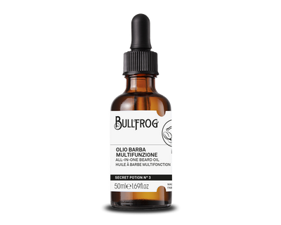Bullfrog Secret Potion No. 3 Beard Oil - vooraanzicht bruin glazen flesje met pipetdop en etiket