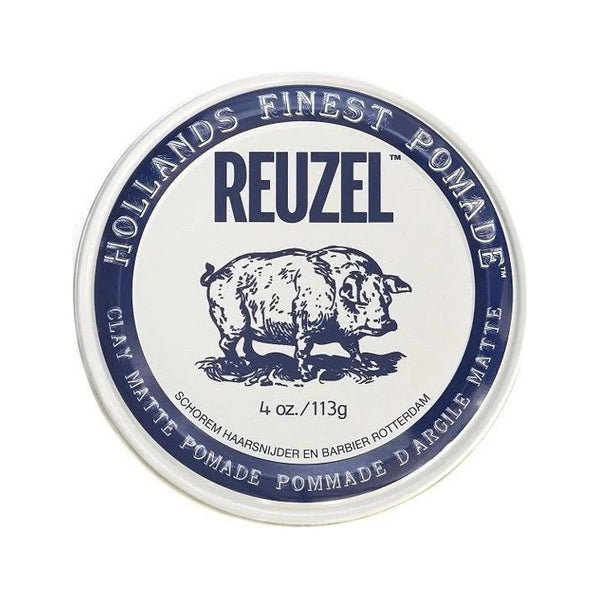 Reuzel Clay Matte Pomade - bovenaanzicht wit blik met blauwe rand van 113 gram