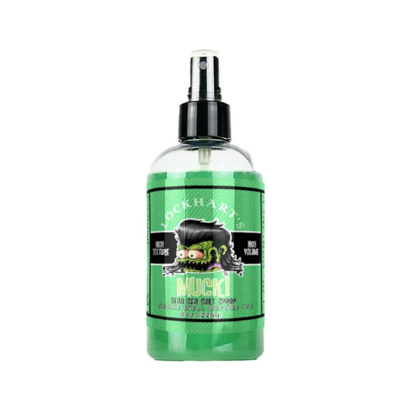 Lockhart's Dead Sea Salt Spray - groene sprayflacon Mucki met vooraanzicht etiket