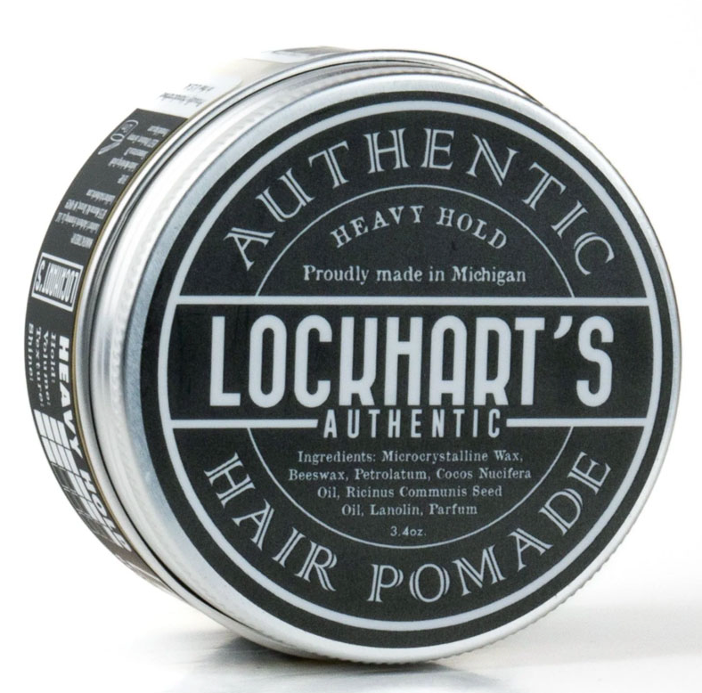Lockhart's Heavy Hold Pomade - zilverkleurig blik met zwart etiket, schuin aanzicht