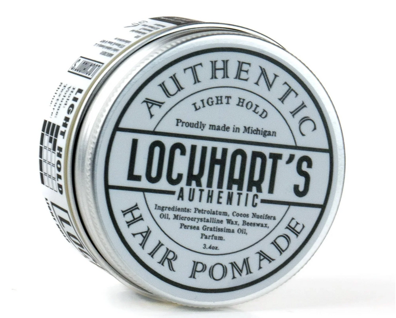 Lockhart's Light Hold Pomade - blik liggend met deksel-etiket en ingredientenlijst