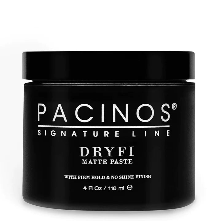 Pacinos Dryfi Matte Paste - gesloten zwart potje 118ml, vooraanzicht etiket