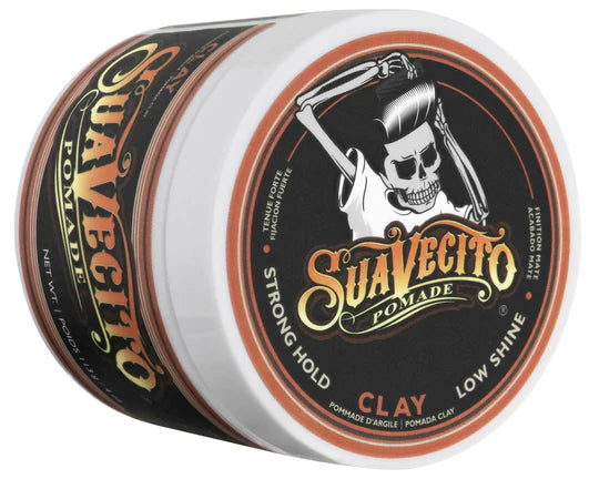 Suavecito Clay Pomade - gesloten pot schuin met oranje deksel en logo