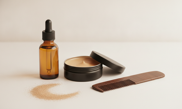 Baardolie in amber druppelflesje naast open blikje baardbalm met houten baardkam op lichte ondergrond