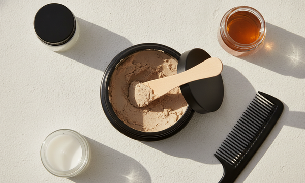 Open pot matte hair clay met houten spatel, kam en ongelabelde grooming-potjes van bovenaf op witte achtergrond