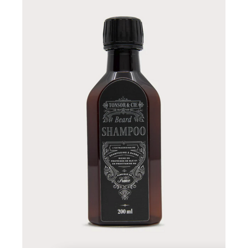 Tonsor & Cie Baardshampoo - vooraanzicht amberkleurige fles met zwart etiket, 200 ml