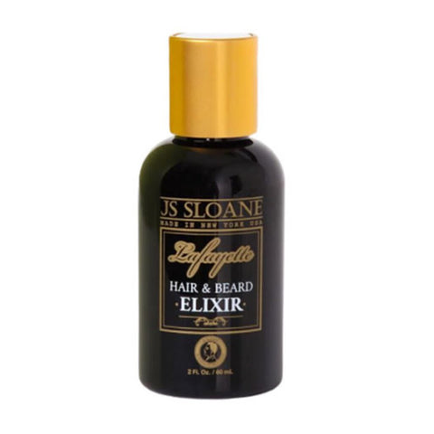 JS Sloane Hair & Beard Elixir, vista frontale del flacone nero con tappo dorato