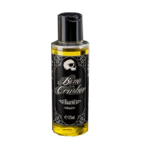 Bone Crusher Haarolie - vooraanzicht 125ml fles met schedellabel en gele olie
