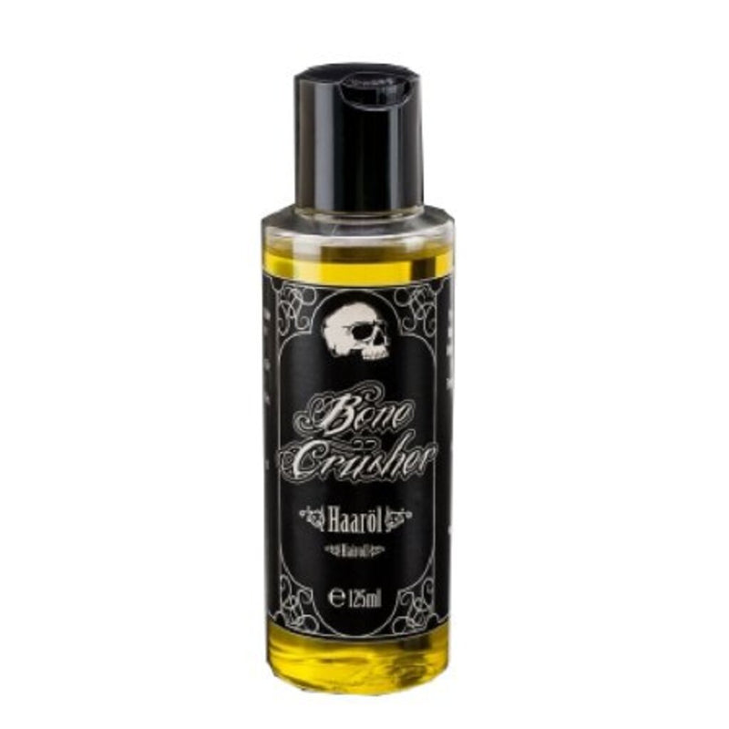 Bone Crusher Haarolie - vooraanzicht 125ml fles met schedellabel en gele olie