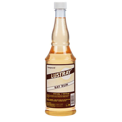 Lustray Aftershave - vooraanzicht amberkleurige fles Bay Rum op witte achtergrond
