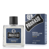 Proraso Beard Balm Azur Lime - glazen flacon naast blauwe verpakkingsdoos