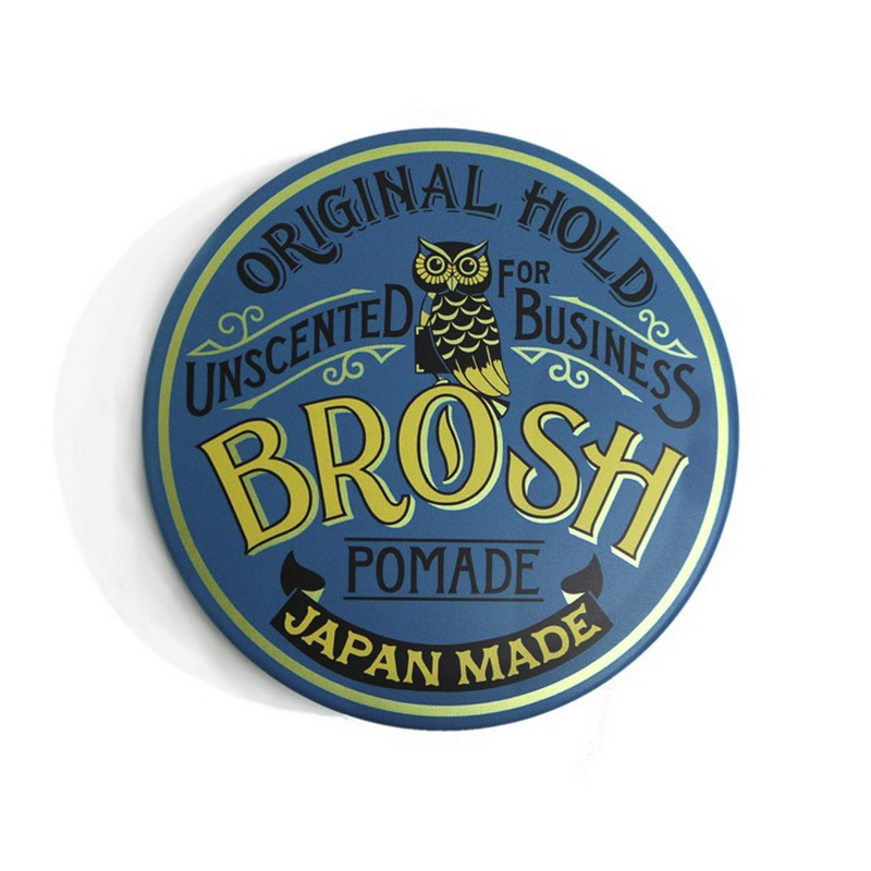 BROSH Unscented Original Hold Pomade - close-up blauwe deksel met owl-logo