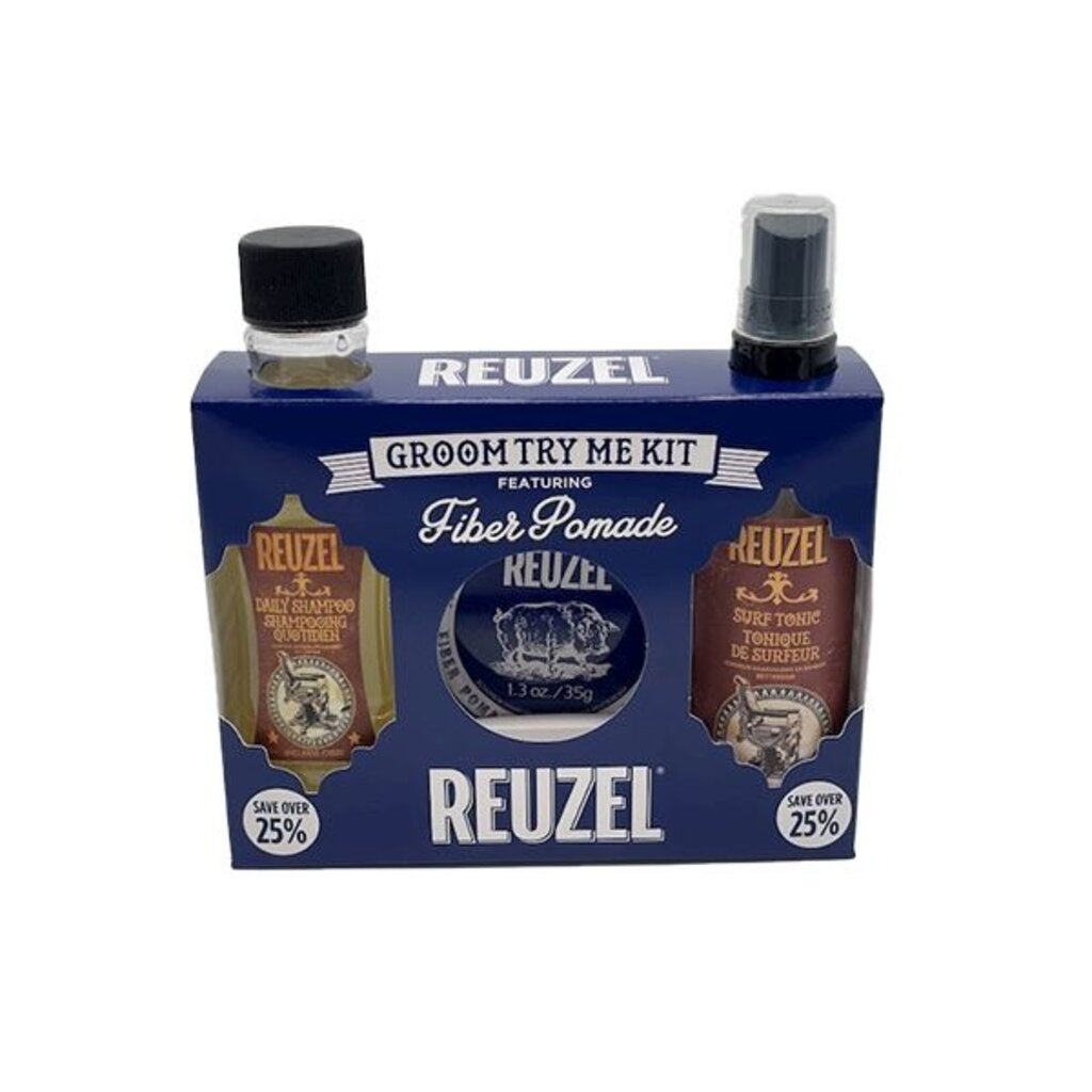 Reuzel Groom Try Me Kit Fiber - vooraanzicht verpakkingsdoos met shampoo, pomade en tonic