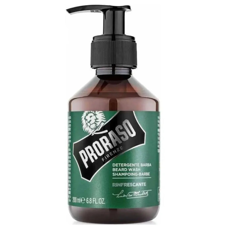 Proraso Baardshampoo Rinfrescante - vooraanzicht bruine pompfles met groen etiket
