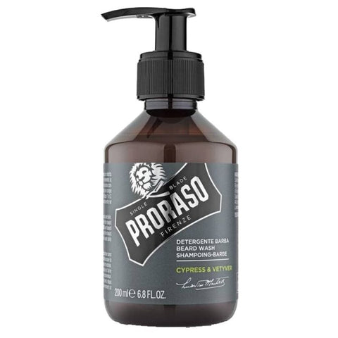 Proraso Baardshampoo Cypress & Vetyver - vooraanzicht bruine pompfles met grijs etiket