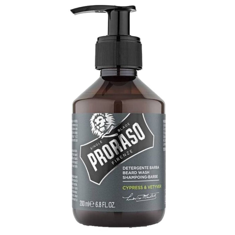 Proraso Baardshampoo Cypress & Vetyver - vooraanzicht bruine pompfles met grijs etiket