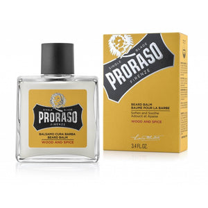 Proraso Beard Balm Wood & Spice, flacone di vetro accanto alla scatola gialla
