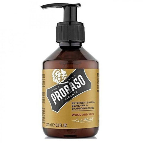 Proraso Baardshampoo Wood And Spice - vooraanzicht bruine pompfles met geel etiket