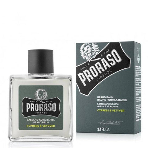 Proraso Beard Balm Cypress & Vetyver - glazen flacon naast grijze verpakkingsdoos