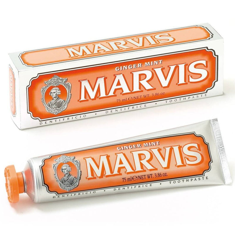 Marvis Ginger Mint - oranje tube naast doosje, vooraanzicht met etiket