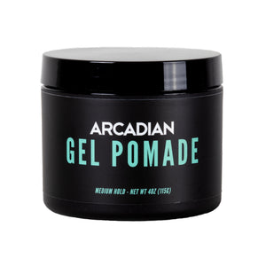 Arcadian Gel Pomade - vooraanzicht zwarte pot met groene letters