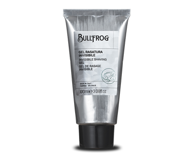 Bullfrog Invisible Shaving Gel - vooraanzicht zilveren tube met etiket