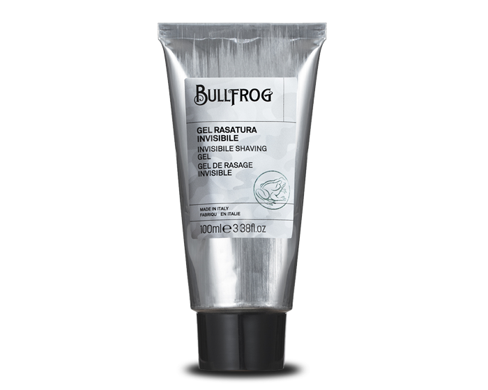 Bullfrog Invisible Shaving Gel - vooraanzicht zilveren tube met etiket