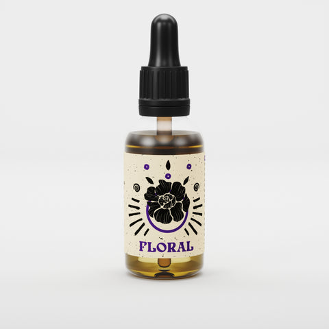 By Elementum Mollis Floral Beard Oil - vooraanzicht flesje met bloem-etiket en pipetdop