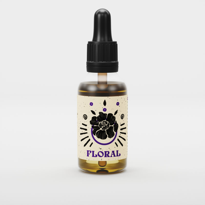 By Elementum Mollis Floral Beard Oil - vooraanzicht flesje met bloem-etiket en pipetdop