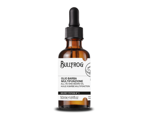 Bullfrog Secret Potion No. 3 Beard Oil - vooraanzicht bruin glazen flesje met pipetdop en etiket