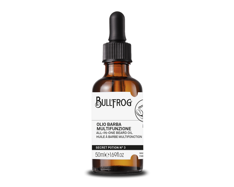 Bullfrog Secret Potion No. 3 Beard Oil - vooraanzicht bruin glazen flesje met pipetdop en etiket