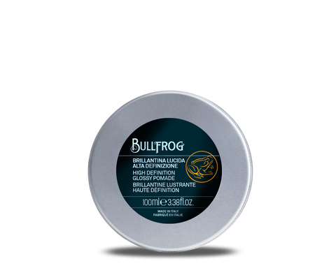 Bullfrog High Definition Glossy Pomade - metalen blik van bovenaf met donker etiket