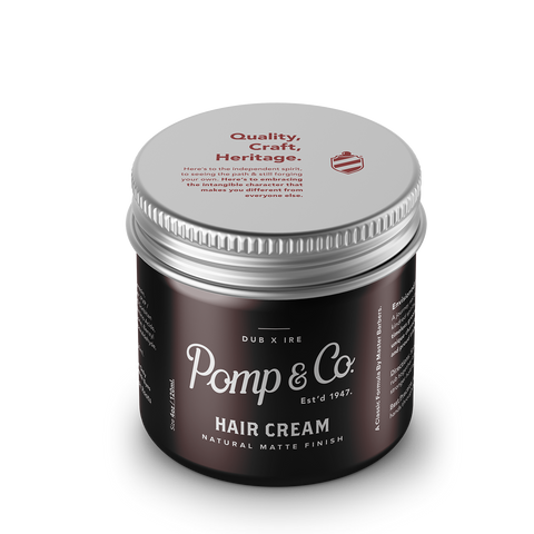 Pomp & Co. Hair Cream - bruine pot met deksel bovenop en tekst Quality Craft Heritage