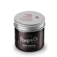 Pomp & Co. Hair Cream - bruine pot met deksel bovenop en tekst Quality Craft Heritage