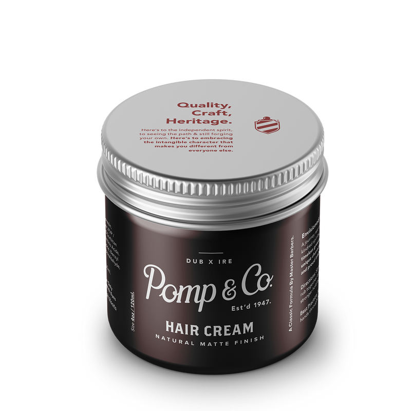 Pomp & Co. Hair Cream - bruine pot met deksel bovenop en tekst Quality Craft Heritage