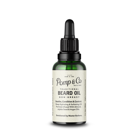 Pomp & Co. Beard Oil - vooraanzicht groen glazen flesje met pipet en etiket