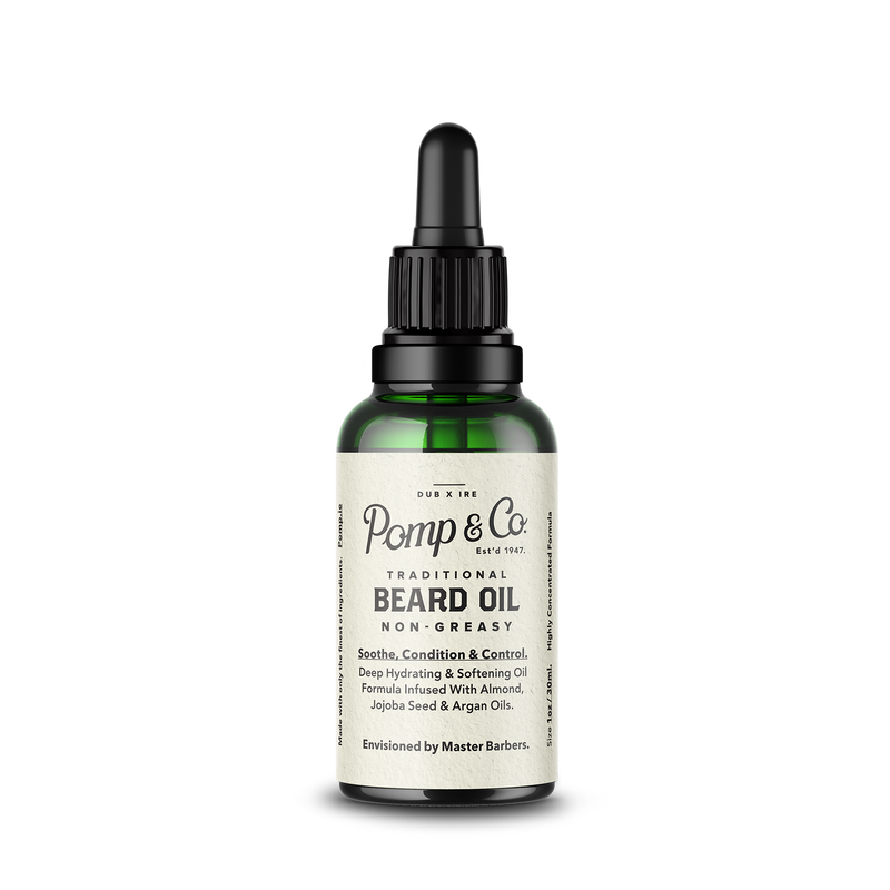 Pomp & Co. Beard Oil - vooraanzicht groen glazen flesje met pipet en etiket