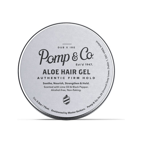 Pomp & Co. Aloe Hair Gel - vista dall'alto della scatola argentata, coperchio con stampa