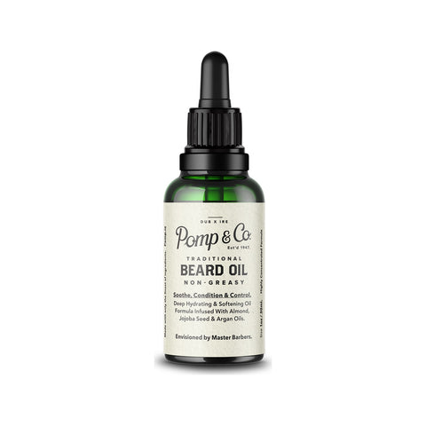 Pomp & Co. Beard Oil - vooraanzicht groen glazen flesje met pipet en etiket