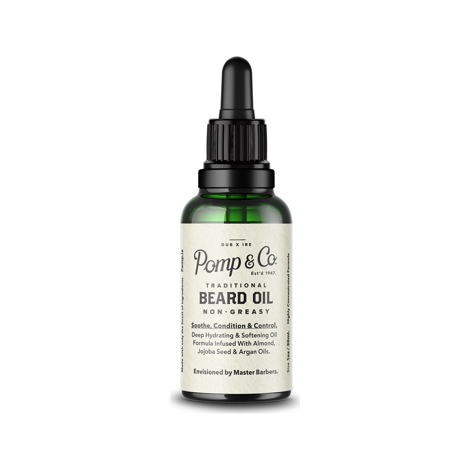 Pomp & Co. Beard Oil - vista frontale del flacone in vetro verde con pipetta ed etichetta