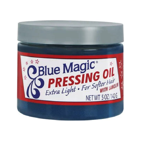 Blue Magic Pressing Oil Extra Light - barattolo blu scuro con etichetta rossa e bianca