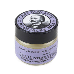 Captain Fawcett's Moustache Wax Lavender - gesloten potje met paars etiket en snorman-logo