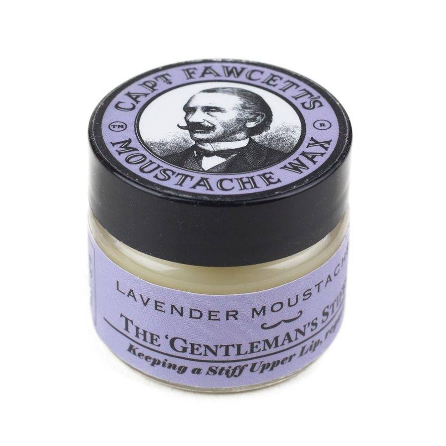Captain Fawcett's Moustache Wax Lavender - vasetto chiuso con etichetta viola e logo dell'uomo con i baffi