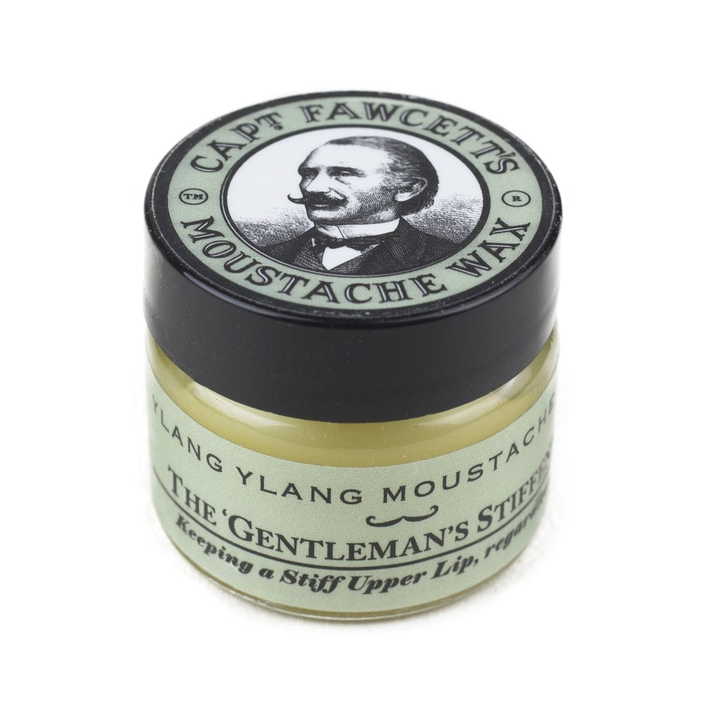 Captain Fawcett's Moustache Wax Ylang Ylang - vasetto chiuso con etichetta verde e logo dell'uomo con i baffi