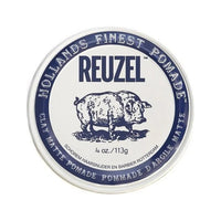 Reuzel Clay Matte Pomade - bovenaanzicht wit blik met blauwe rand van 113 gram