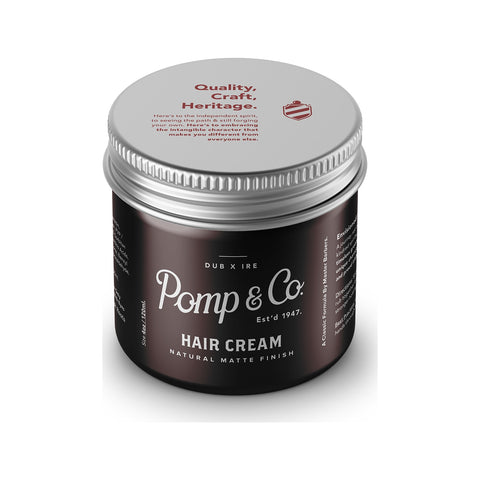 Pomp & Co. Hair Cream - barattolo marrone con coperchio e scritta Quality Craft Heritage