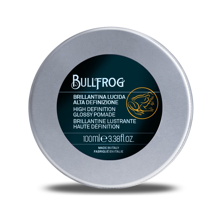 Bullfrog High Definition Glossy Pomade - vista dall'alto della scatola di metallo con etichetta scura