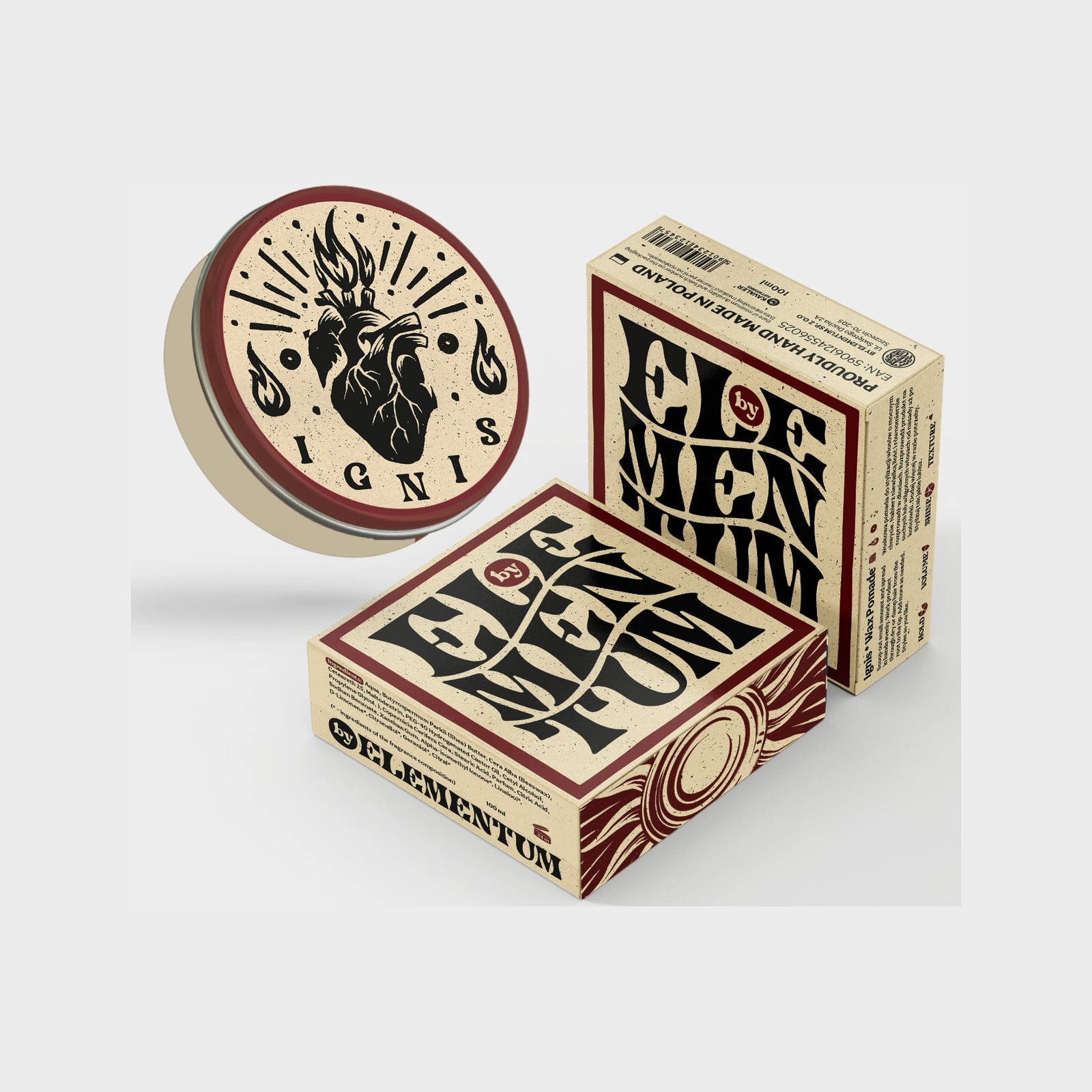 By Elementum Ignis Oil-Based Pomade - barattolo con logo a cuore appoggiato a due scatole di imballaggio