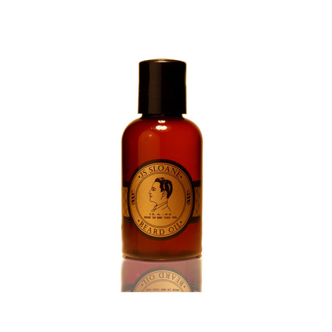 JS Sloane Baardolie - amberkleurige fles vooraanzicht met rond etiket, witte studio