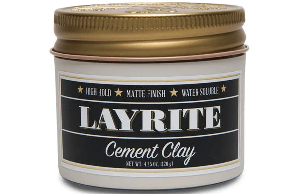 Layrite Cement Clay - vooraanzicht pot met zwart etiket en gouden deksel
